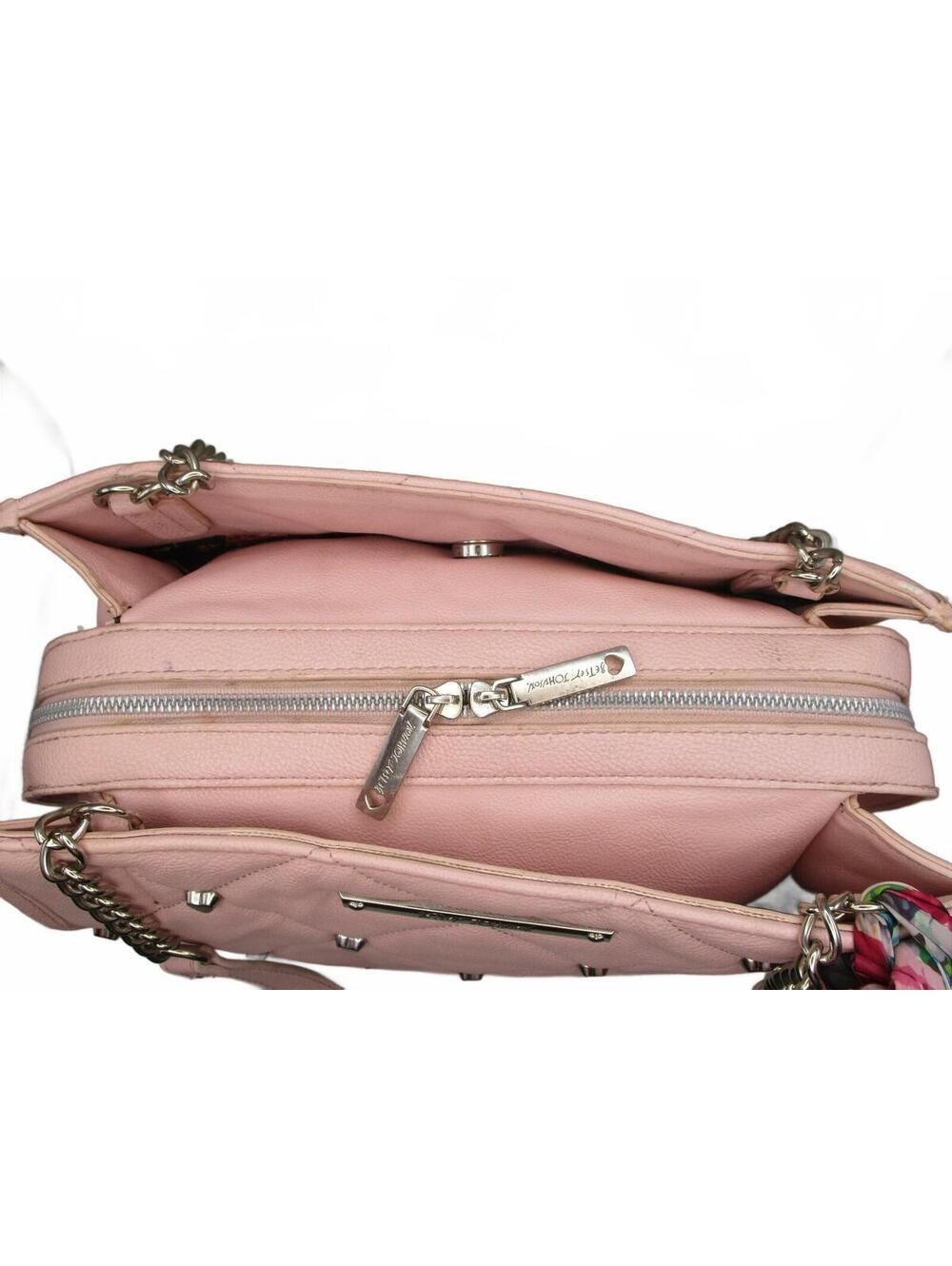 Betsey Johnson Pink Quilted Heart Stud Satchel Shoulder Bag with Floral Scarf - Picture 8 of 8
